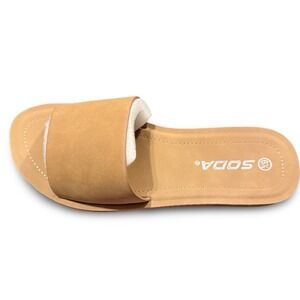 Soda Efron Women's Tan Slide Sandals Open Peep Toe Flat Beach Shoes Size 6.5 NEW